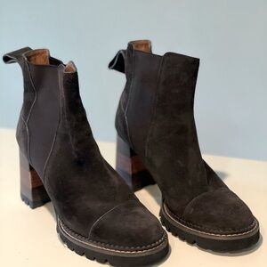 See by Chloe ankle boots.  Wood heel.  Dark brown suede.